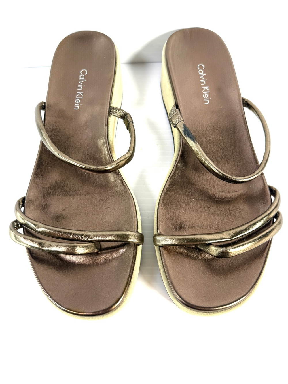 Calvin Klein Metallic Bronze Slide Wedge Sandals with Thin Straps
